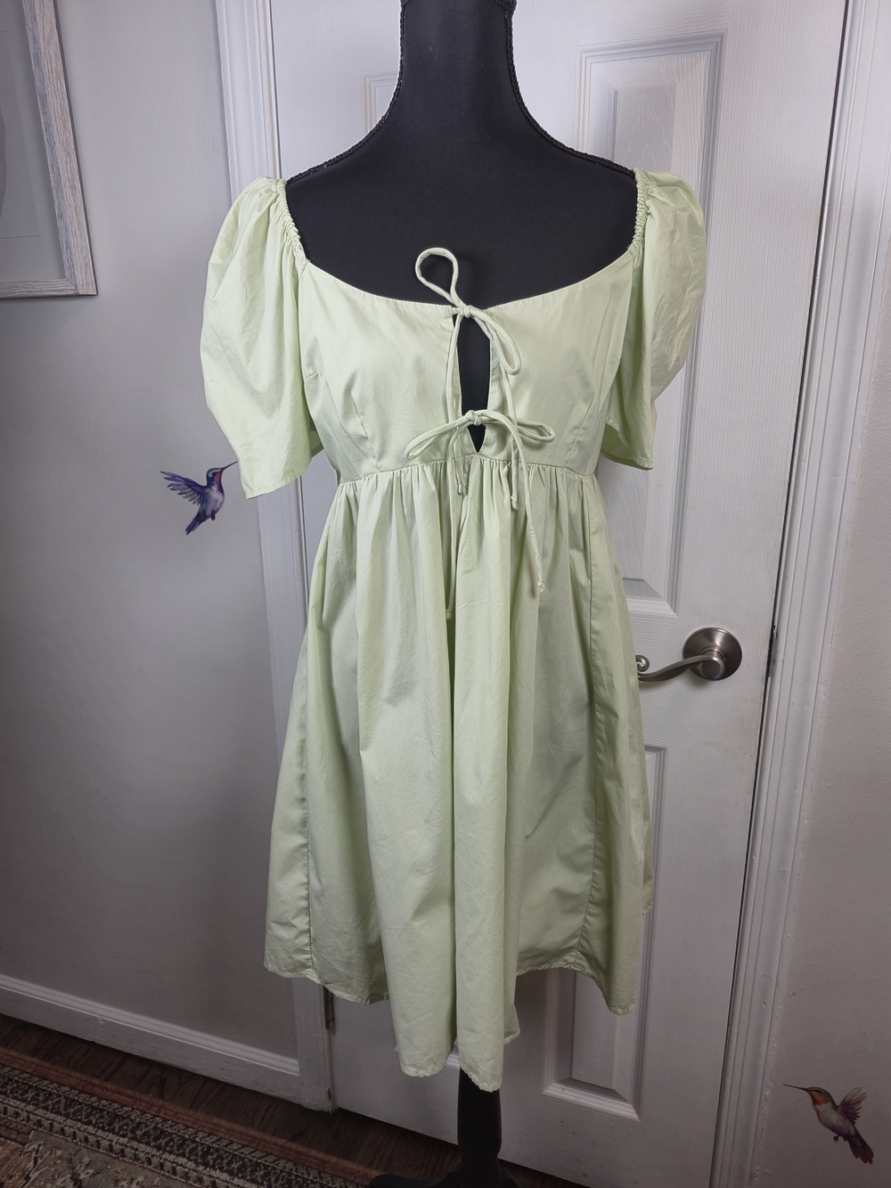 Abercrombie & Fitch Mint Green Puff Sleeve Tie Front Babydoll Mini Dress S Tall - Picture 3 of 6